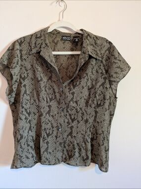 New York & Company Olive and Dark Brown Snake Print Button-Down Blouse